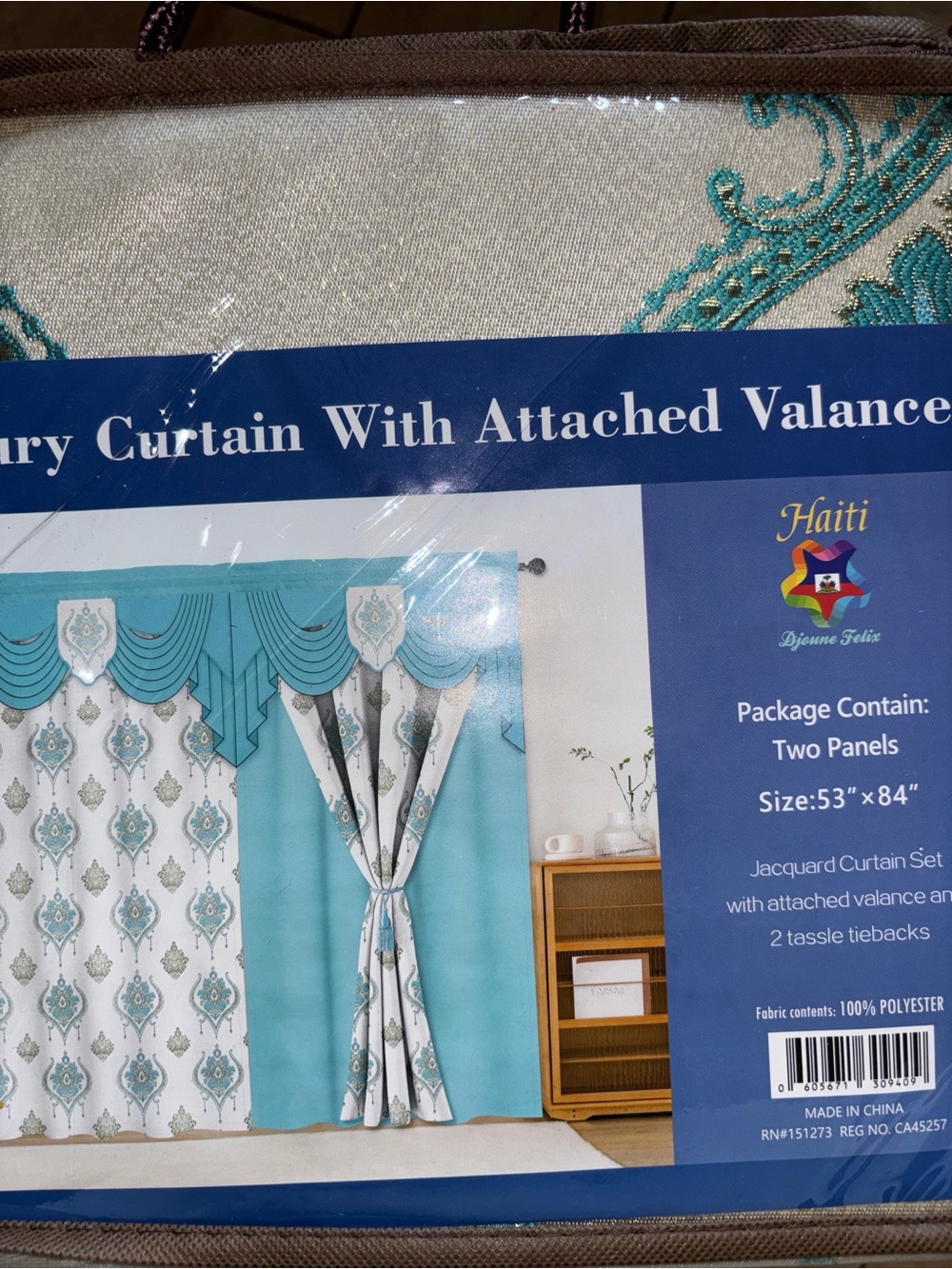 Teal and White Jacquard Curtain Set with Attached Valance